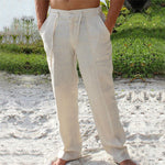 Mens Casual Linen Pants Elastic Drawstring Waist Summer Loose Fit Long Beach Yoga Pants